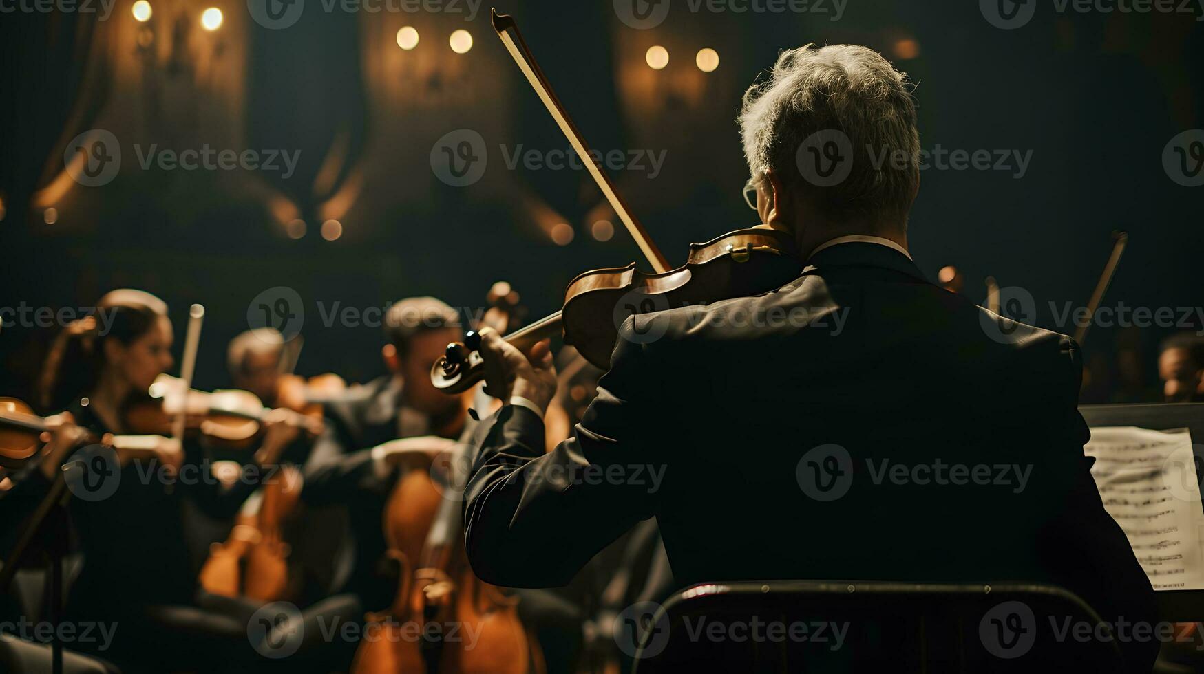 ai generiert zurück Aussicht Mann im ein passen spielen ein Violine foto