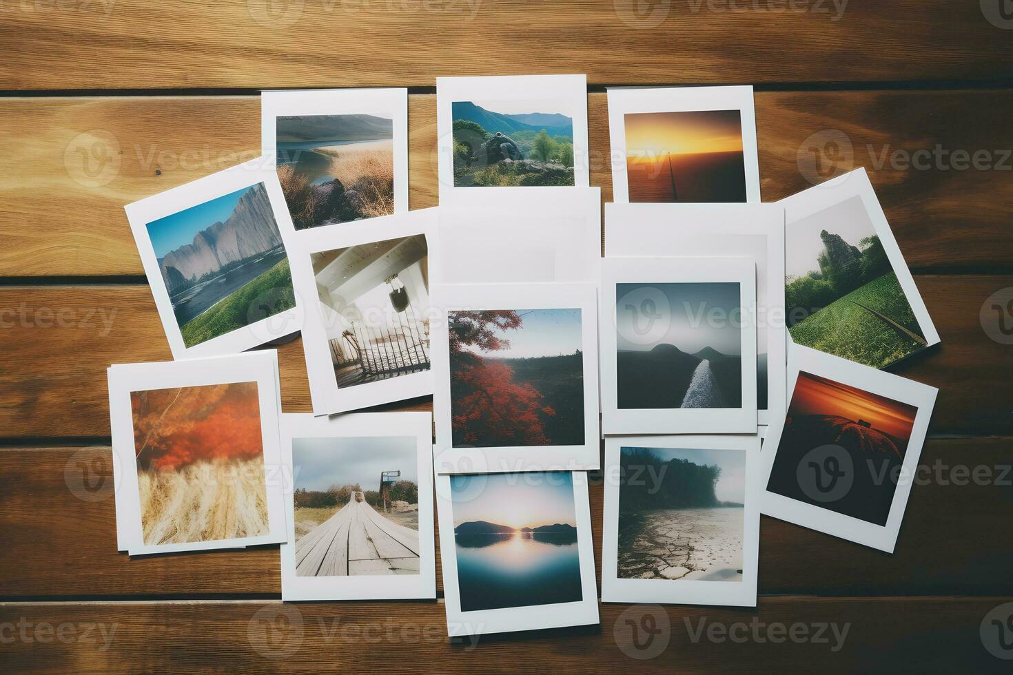 ai generiert Sammlung Polaroid Fotos auf ein hölzern Hintergrund