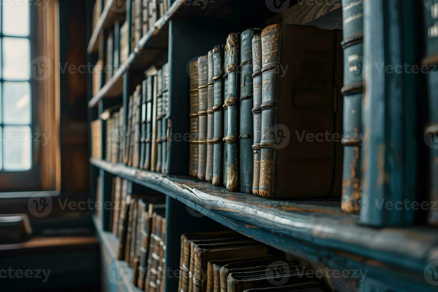 ai generiert Bücherregal gefüllt mit viele von Bücher Nächster zu ein Fenster foto