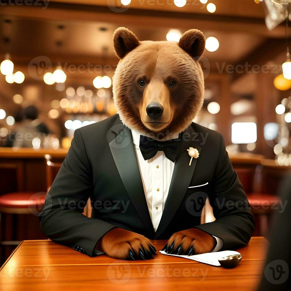 ai generiert Bär gekleidet im ein festlich Urlaub passen , Sitzung beim ein Tabelle im ein Bar. anthropomorph Tiere. generativ ai. foto