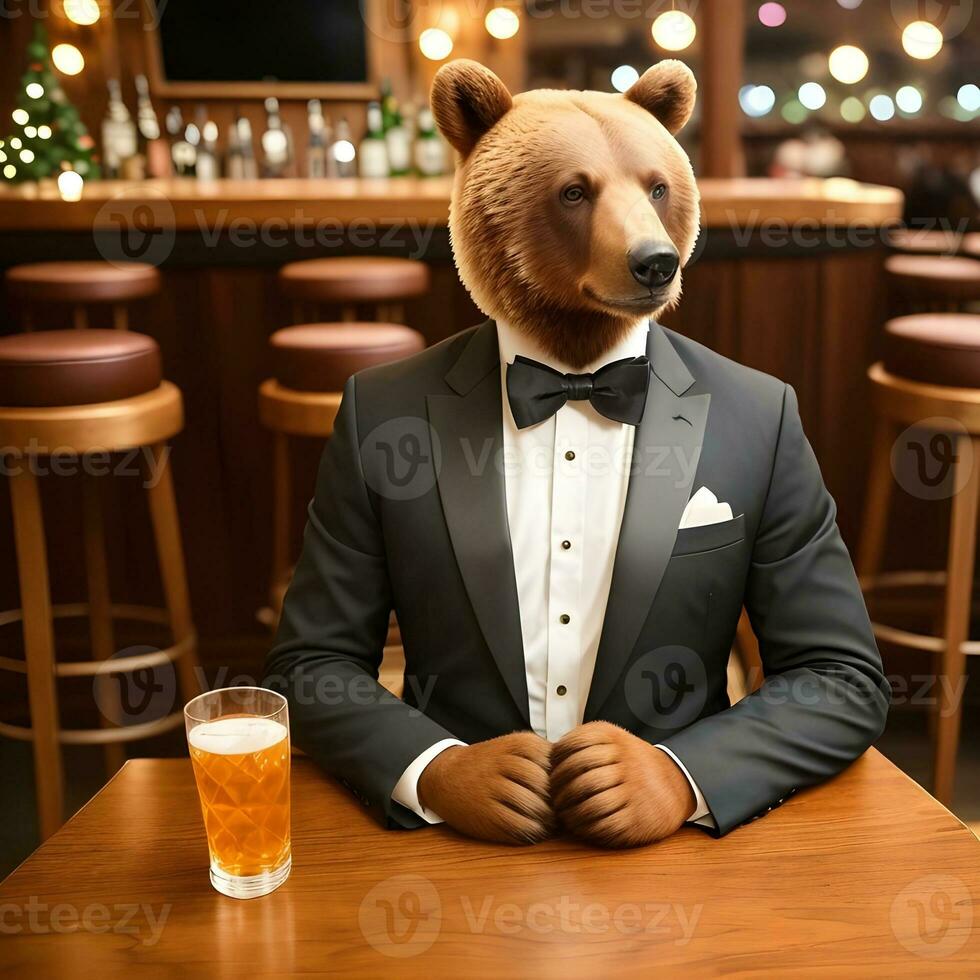 ai generiert Bär gekleidet im ein festlich Urlaub passen , Sitzung beim ein Tabelle im ein Bar. anthropomorph Tiere. generativ ai. foto
