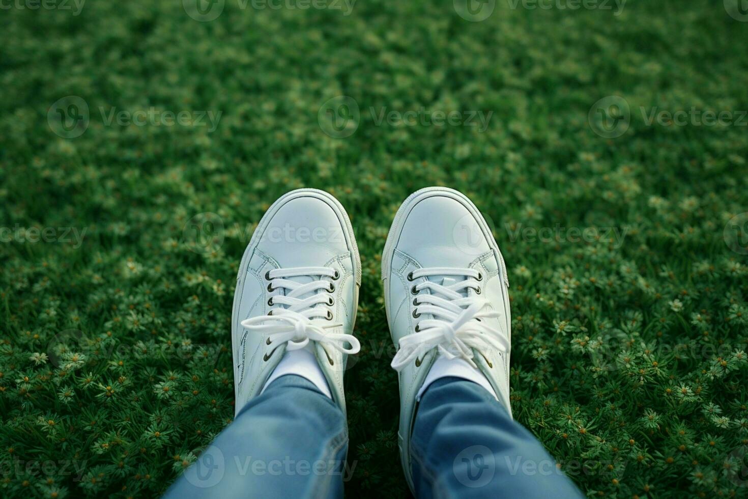 ai generiert Frühling Selfie Füße im Weiß Turnschuhe auf Grün Gras Hintergrund foto