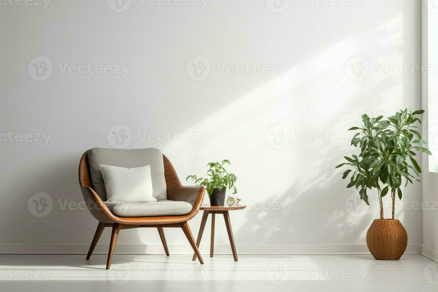 ai generiert schick Innere Elemente Stuhl, Lampe, Pflanze auf Weiß Hintergrund foto