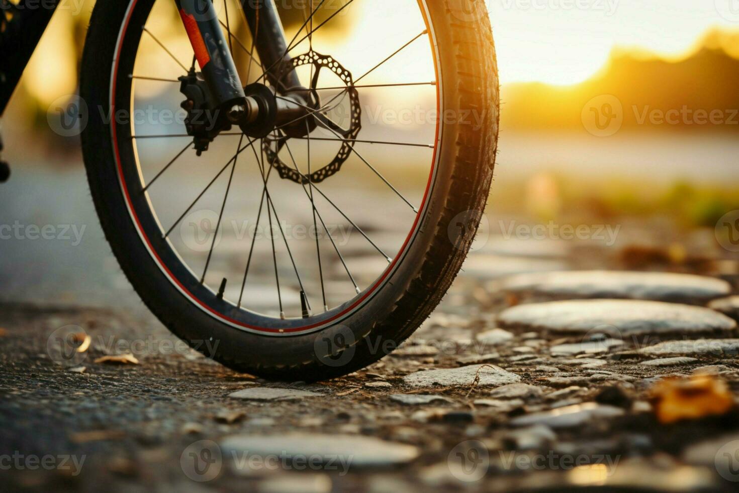 ai generiert Fahrrad eben Reifen schließen oben warten zum Reparatur durch das Straße foto
