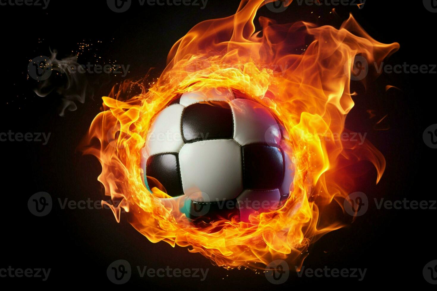 ai generiert dynamisch Fußball Ball auf schwarz Hintergrund mit bunt Rauch und Beleuchtung foto