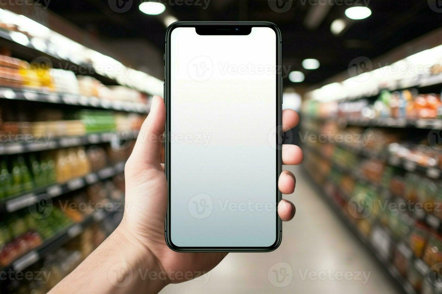 ai generiert Lebensmittelgeschäft Surfen Handheld Telefon beim Supermarkt Regale, leer Bildschirm Attrappe, Lehrmodell, Simulation foto