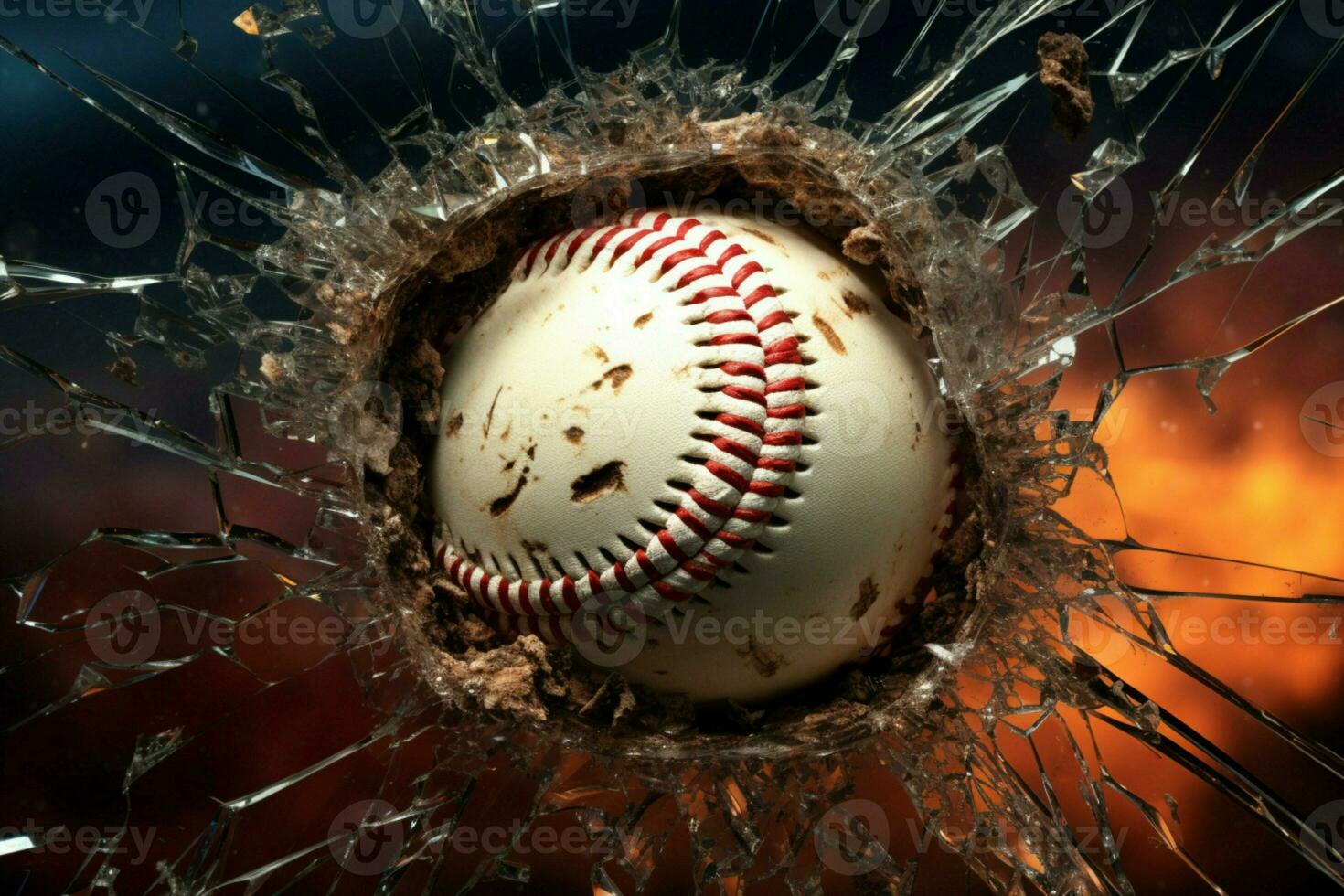 ai generiert dynamisch Design Element Baseball brechen durch ein zerschlagen Fenster foto