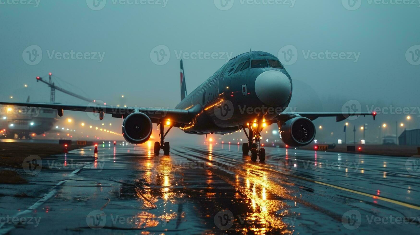 ai generiert Flugzeug im das Regen. Nacht Szene. foto