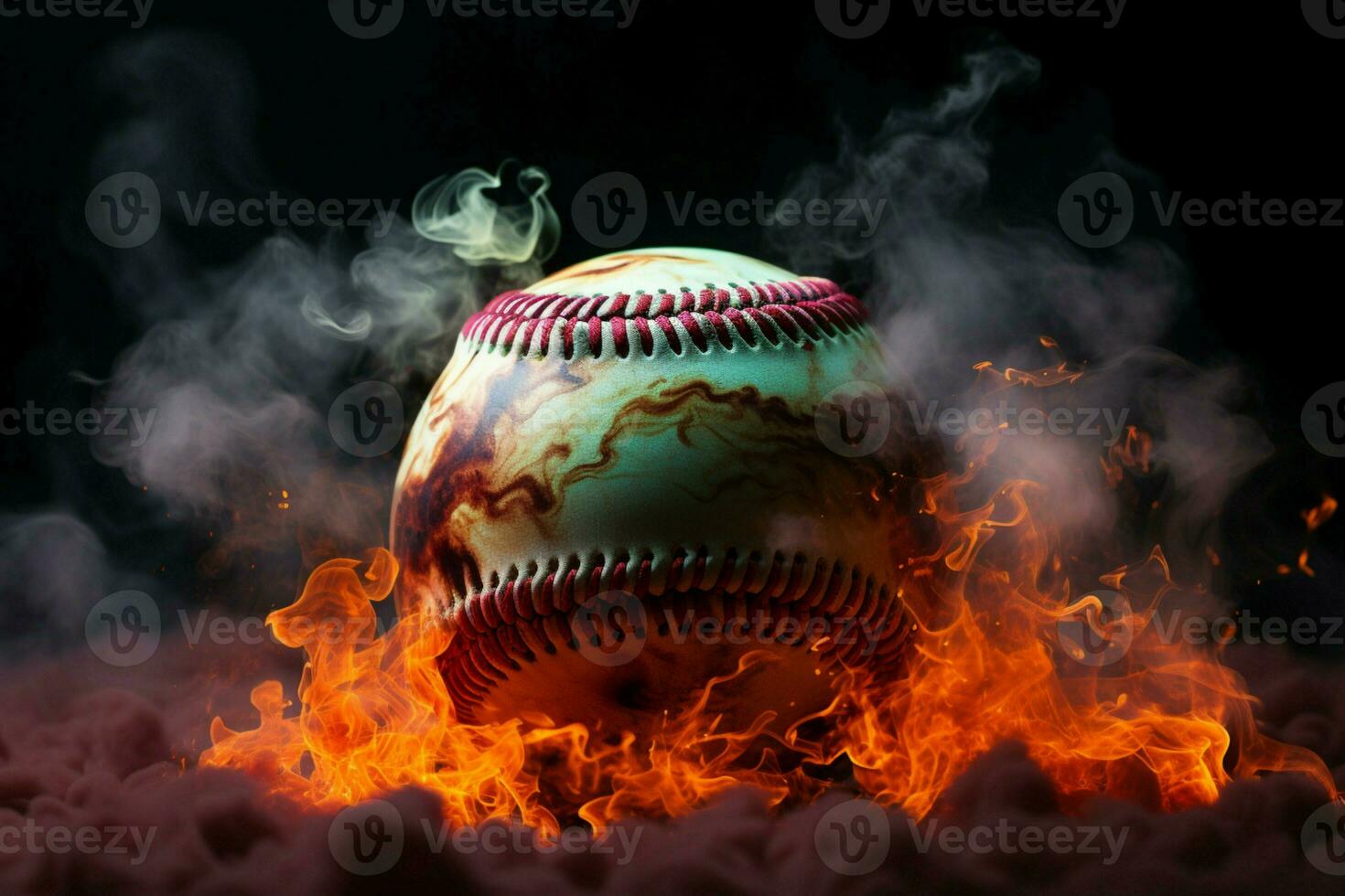 ai generiert rauchig locken bunt Baseball Ball erfasst Beachtung gegen ein mysteriös Hintergrund foto
