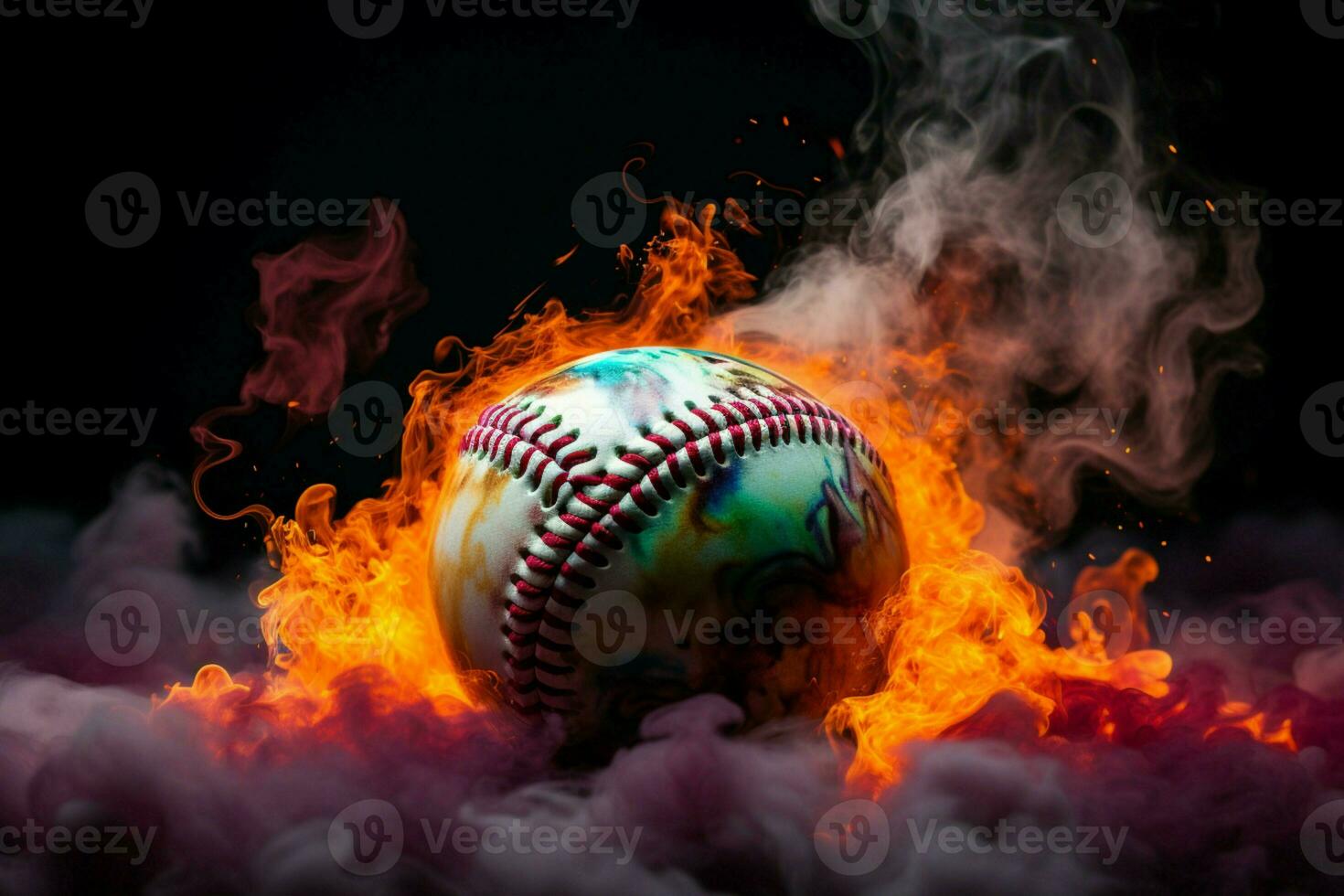 ai generiert dramatisch Flair bunt Baseball Pops gegen ein rauchig und mysteriös Rahmen foto