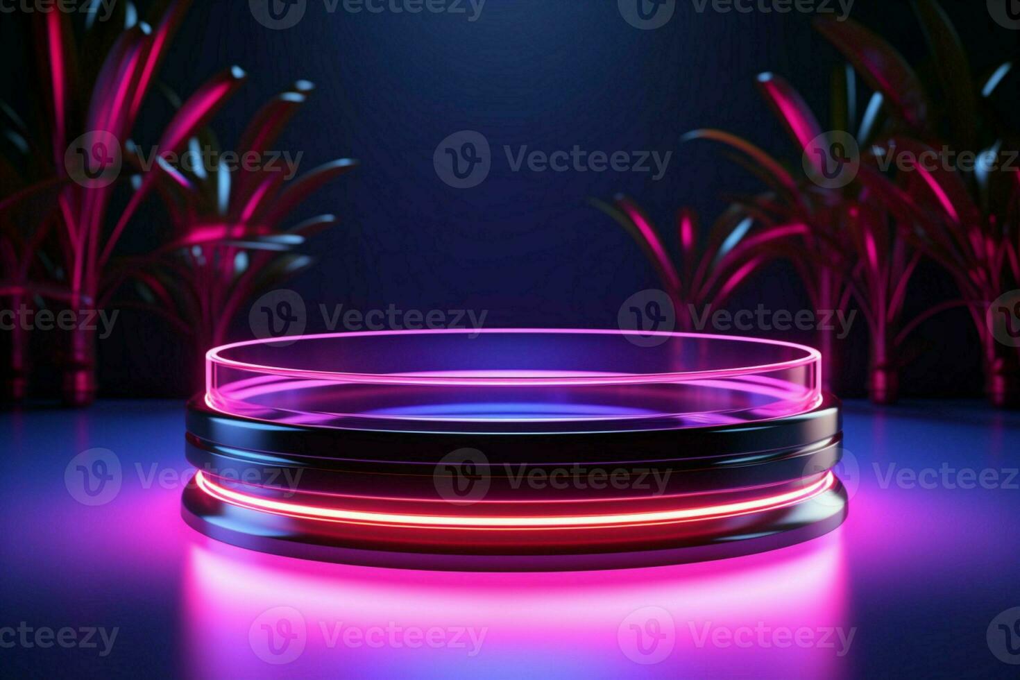 ai generiert dynamisch Präsentation Zylinder Podium mit beschwingt Neon- Beleuchtung zum Produkt Vitrinen foto