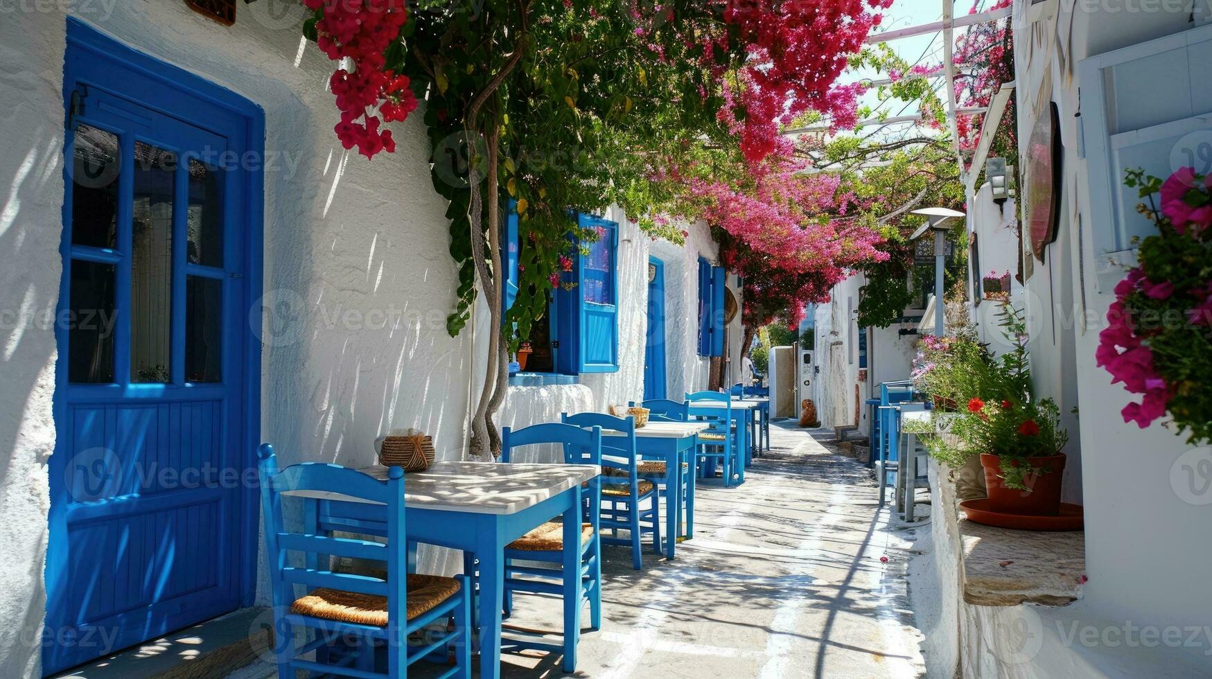 ai generiert griechisch Kultur mit traditionell Weiß und Blau griechisch die Architektur, Taverne foto