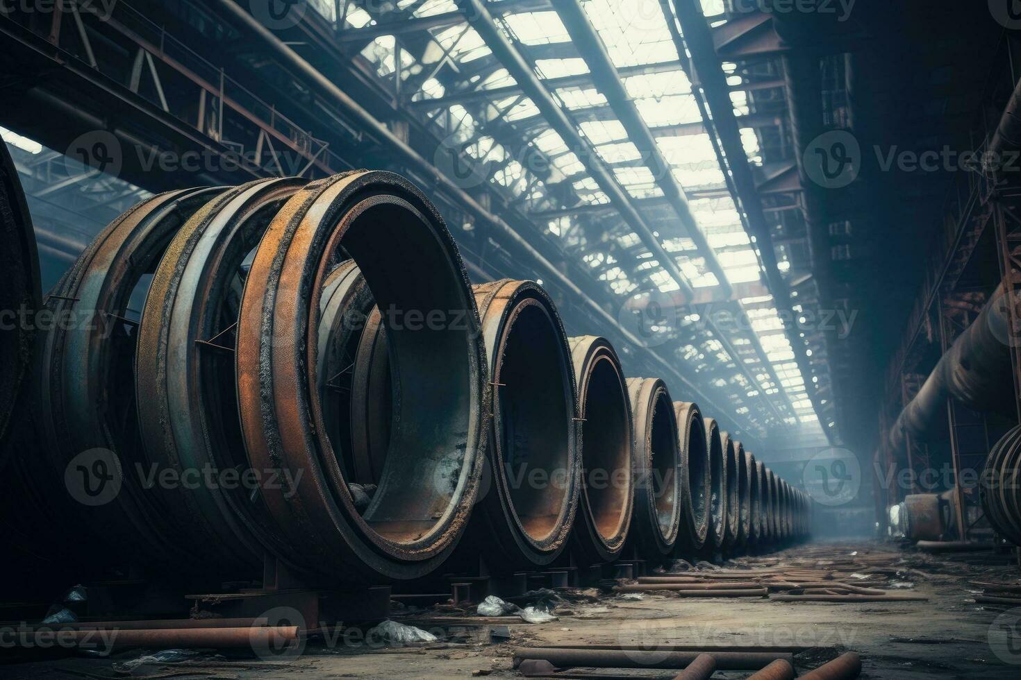 ai generiert Stahl Rohre Innerhalb das Fabrik oder Lagerhaus. industriell Produktion foto