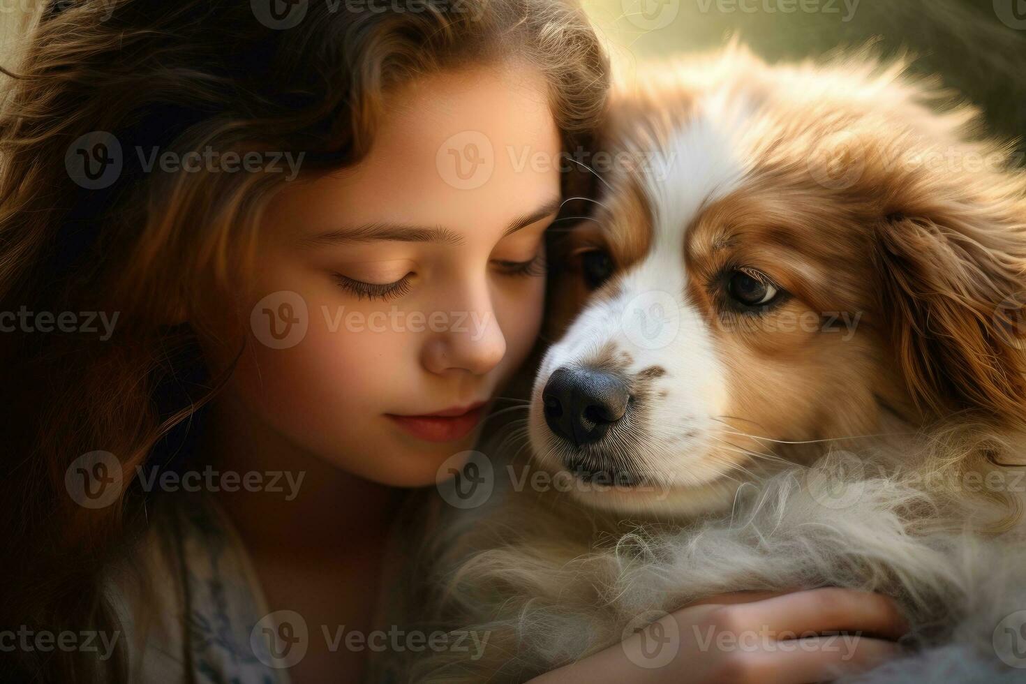 ai generiert ein Mädchen umarmen ein Hund foto