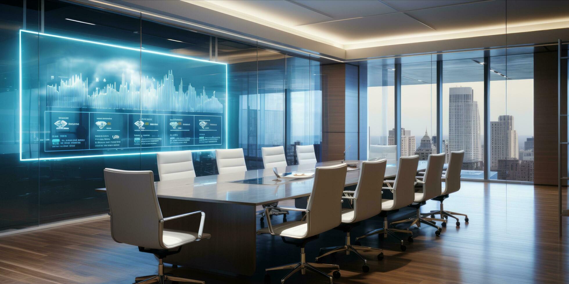 ai generiert modern korporativ Sitzungssaal mit ein groß Bildschirm Anzeigen Daten Analyse, leeren Stühle, und Laptops auf das Tabelle foto