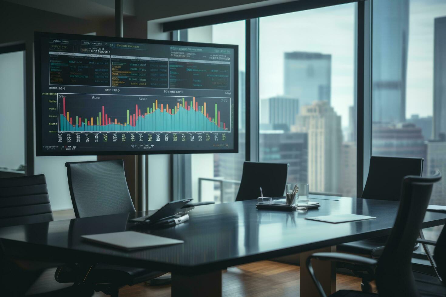 ai generiert modern korporativ Sitzungssaal mit ein groß Bildschirm Anzeigen Daten Analyse, leeren Stühle, und Laptops auf das Tabelle foto