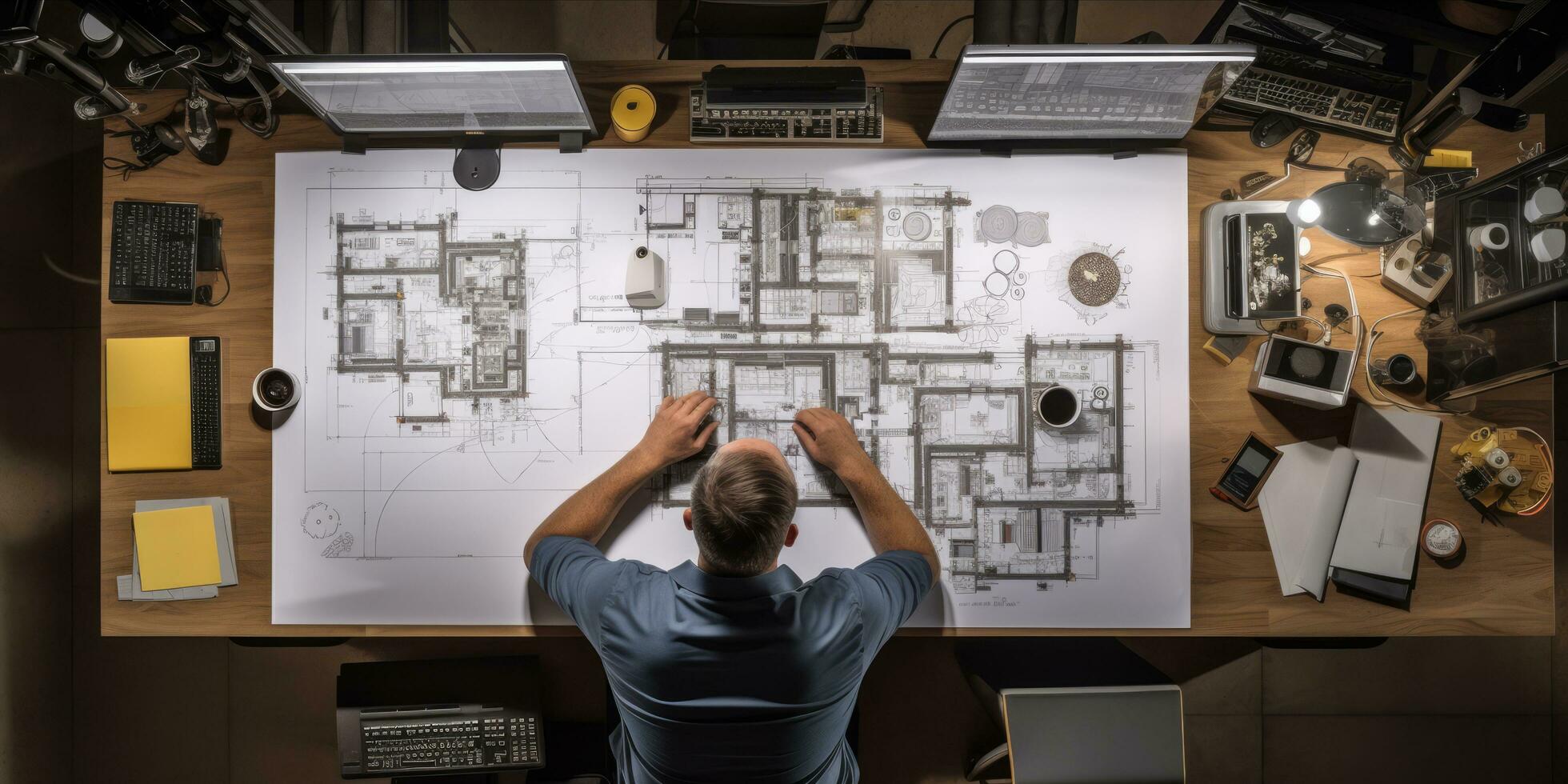 ai generiert ein Ingenieur Arbeiten auf architektonisch Pläne mit Dual Monitore, Abfassung Werkzeug, und ein schwer Hut auf das Schreibtisch foto