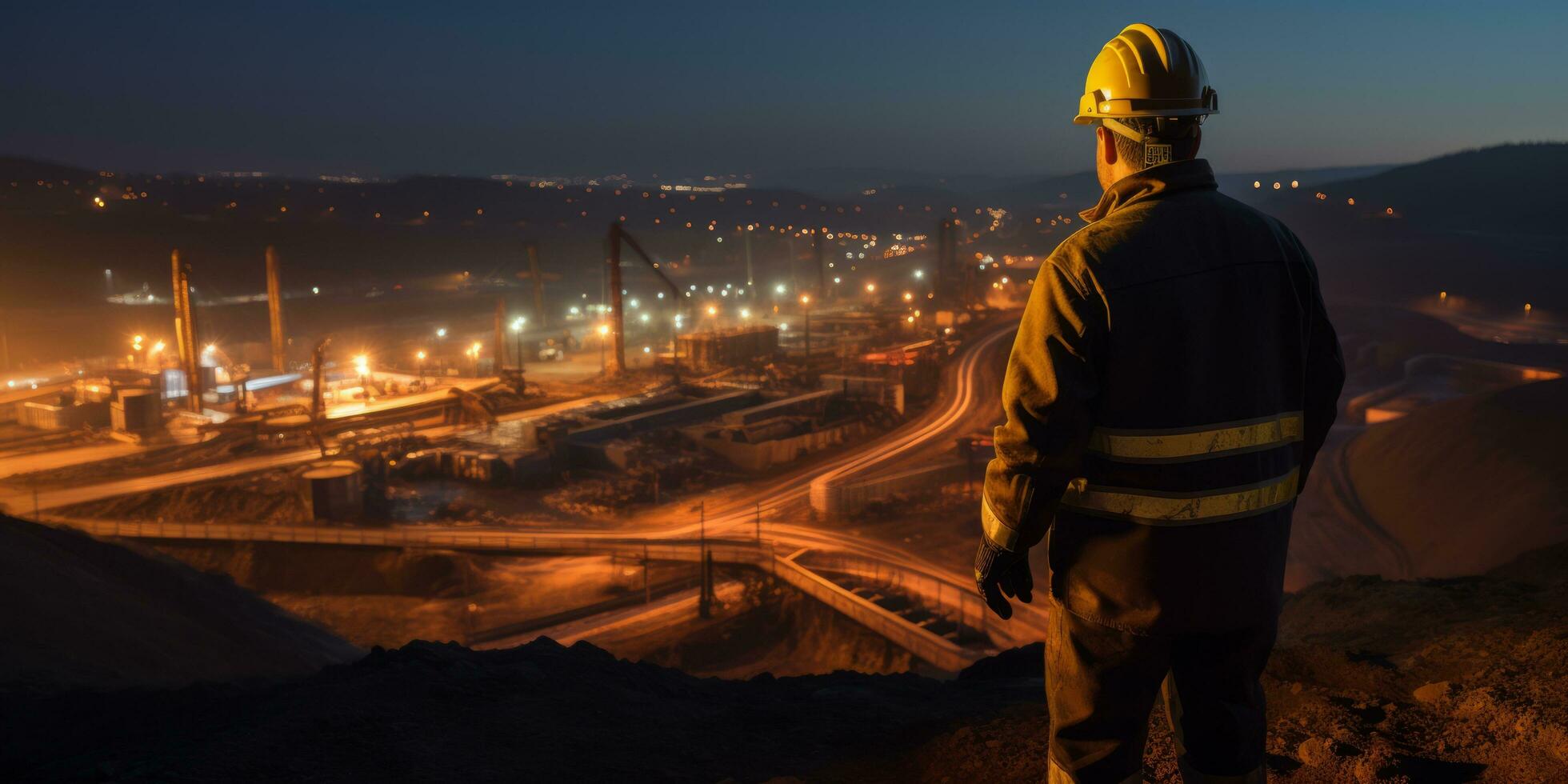 ai generiert Rückseite Aussicht von ein Arbeiter im hoch Sichtweite Ausrüstung mit Blick auf ein Bergbau Betrieb beim Dämmerung foto