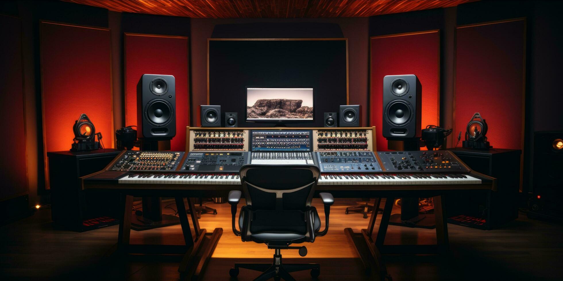 ai generiert ein Fachmann Musik- Studio mit ein groß Mischen Konsole, Computer Monitore, und Studio Monitore foto
