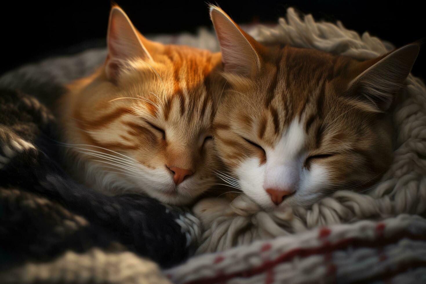 ai generiert zwei Katzen kuscheln auf ein Decke foto