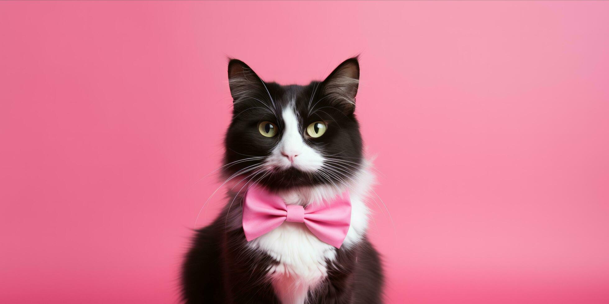 ai generiert Katze mit Rosa Bogen Krawatte auf Rosa Hintergrund foto