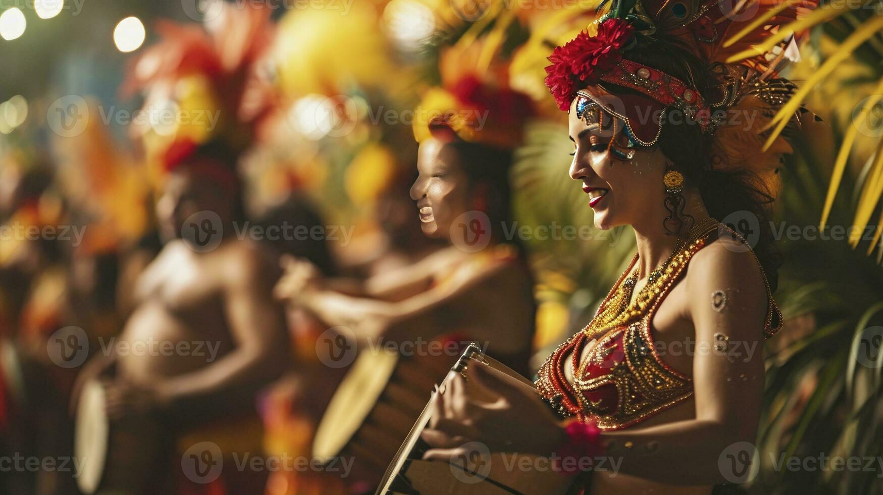 ai generiert Lasst uns tanzen alle unser Probleme weg. abgeschnitten Schuss von schön Samba Tänzer durchführen im ein Karneval mit ihr Band. foto