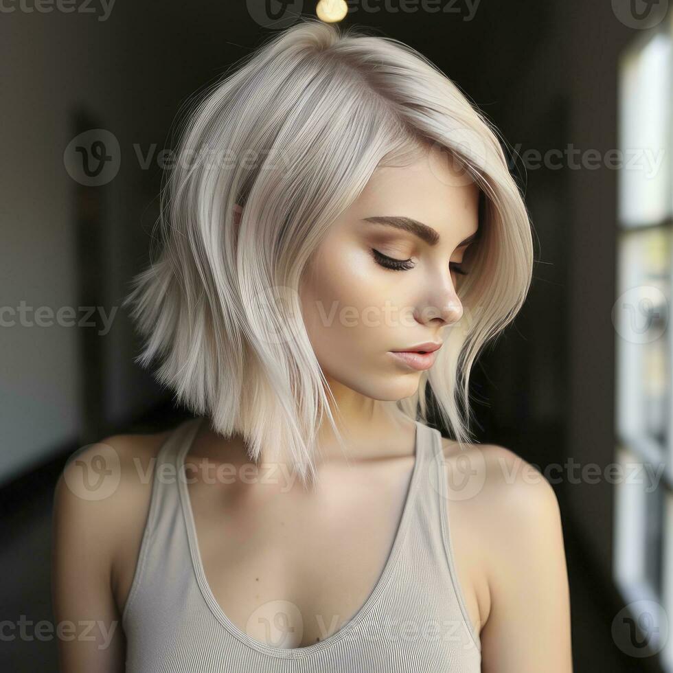 ai generiert jung blond Mädchen mit kurz Haar und gesund glühend Ideal Gesichts- Haut foto