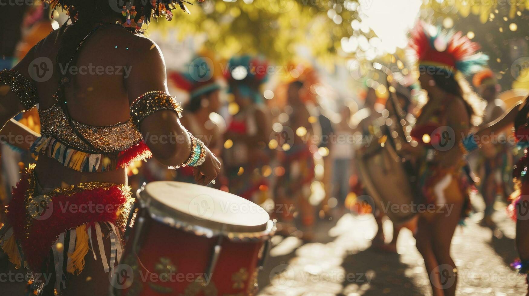 ai generiert Lasst uns tanzen alle unser Probleme weg. abgeschnitten Schuss von schön Samba Tänzer durchführen im ein Karneval mit ihr Band. foto