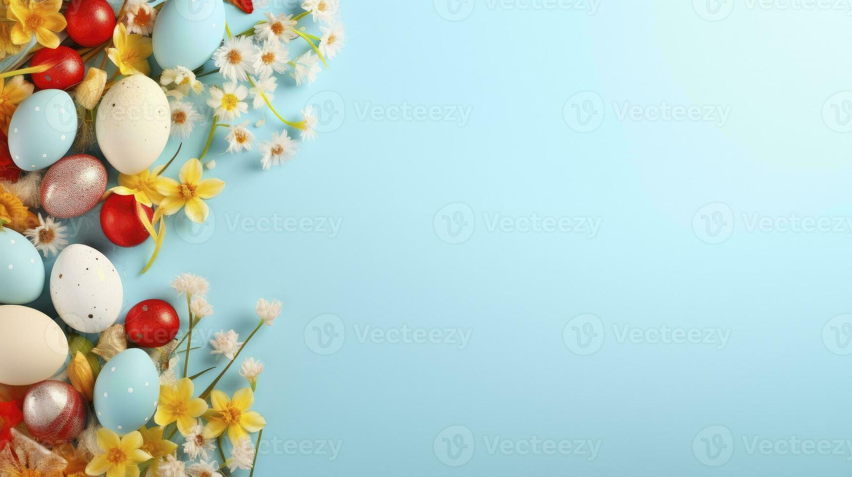 ai generiert Frühling Blumen und bunt Ostern Ei mit Pastell- Blau Hintergrund foto