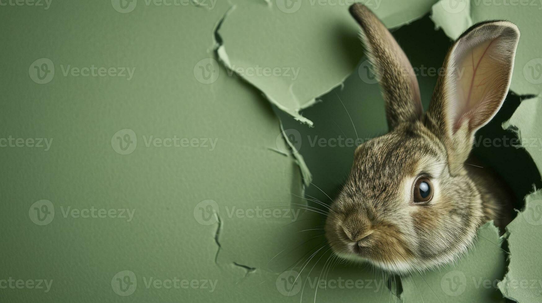 ai generiert Hase spähen aus von ein Loch im Papier, flauschige ohrig Hase Ostern Hase Banner, Hase springen aus zerrissen Loch. foto