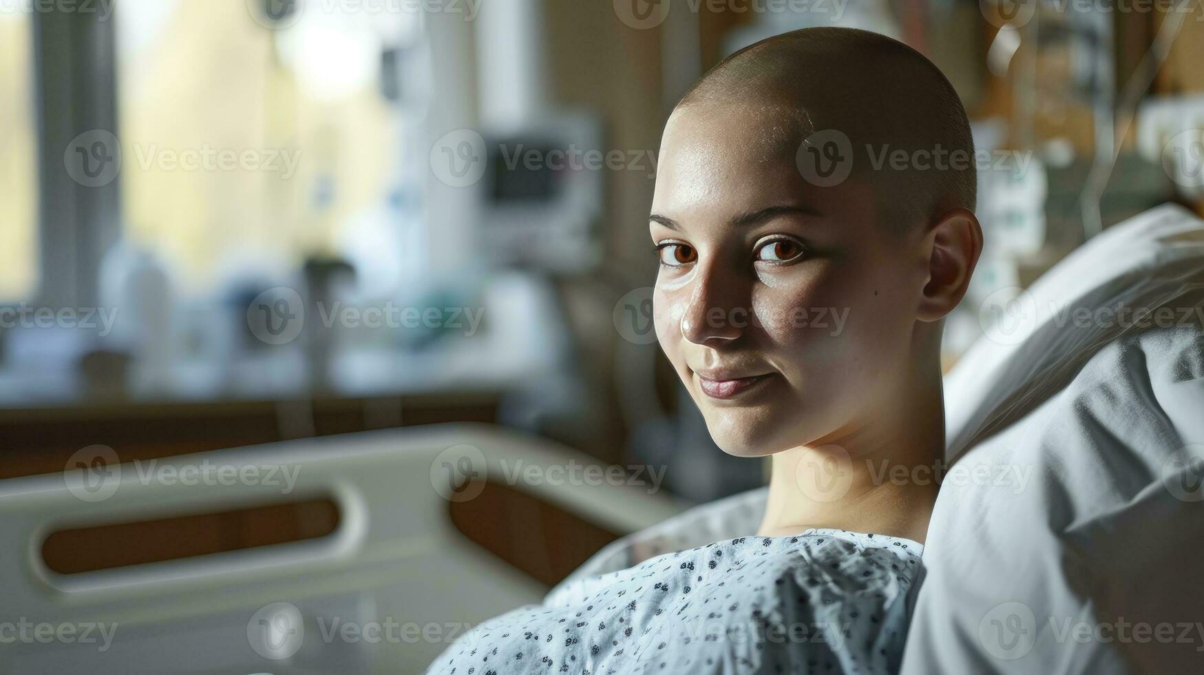 ai generiert jung kahl Frau im Krankenhaus Bett Welt Krebs Tag Konzept foto