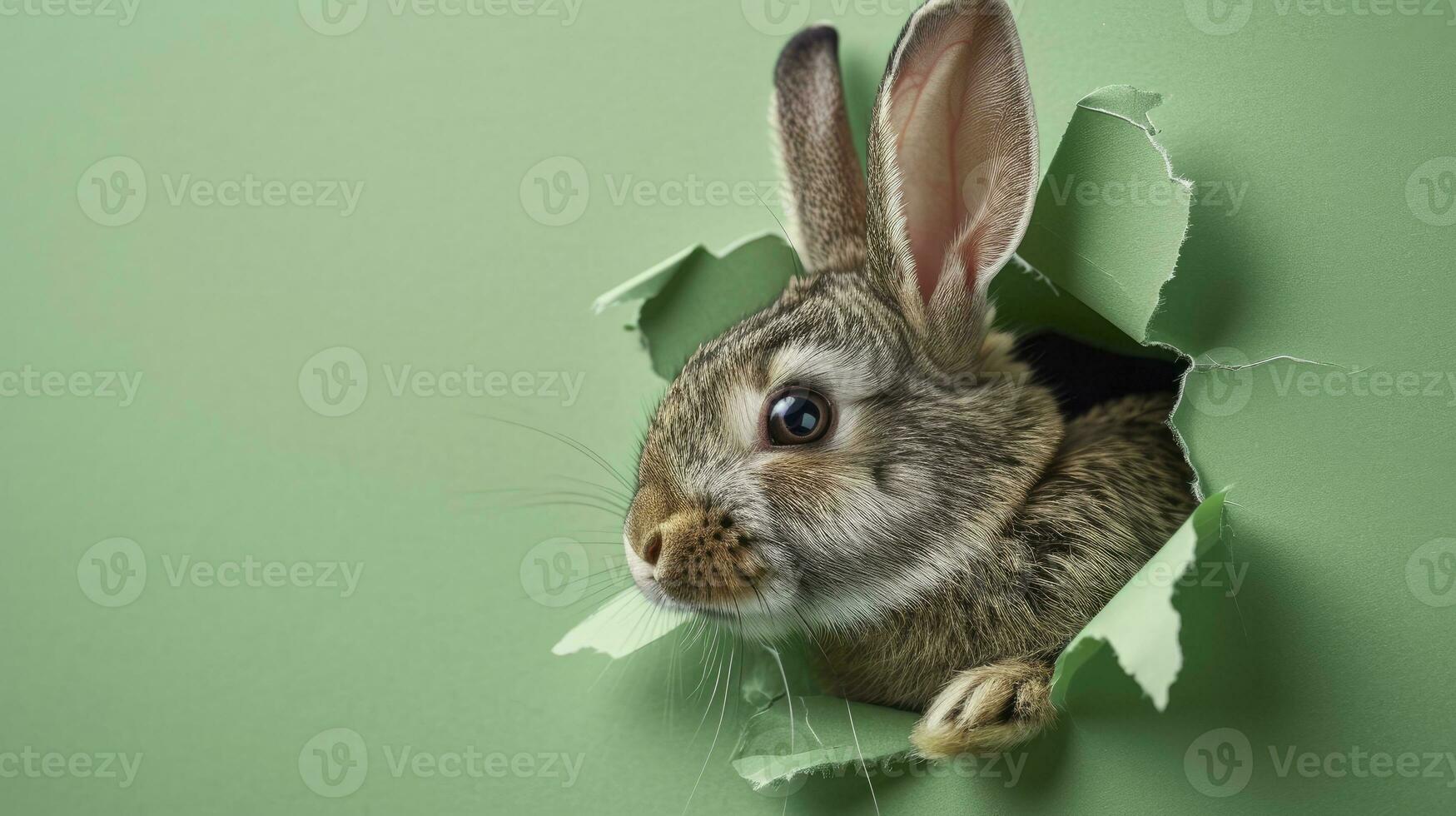 ai generiert Hase spähen aus von ein Loch im Papier, flauschige ohrig Hase Ostern Hase Banner, Hase springen aus zerrissen Loch. foto