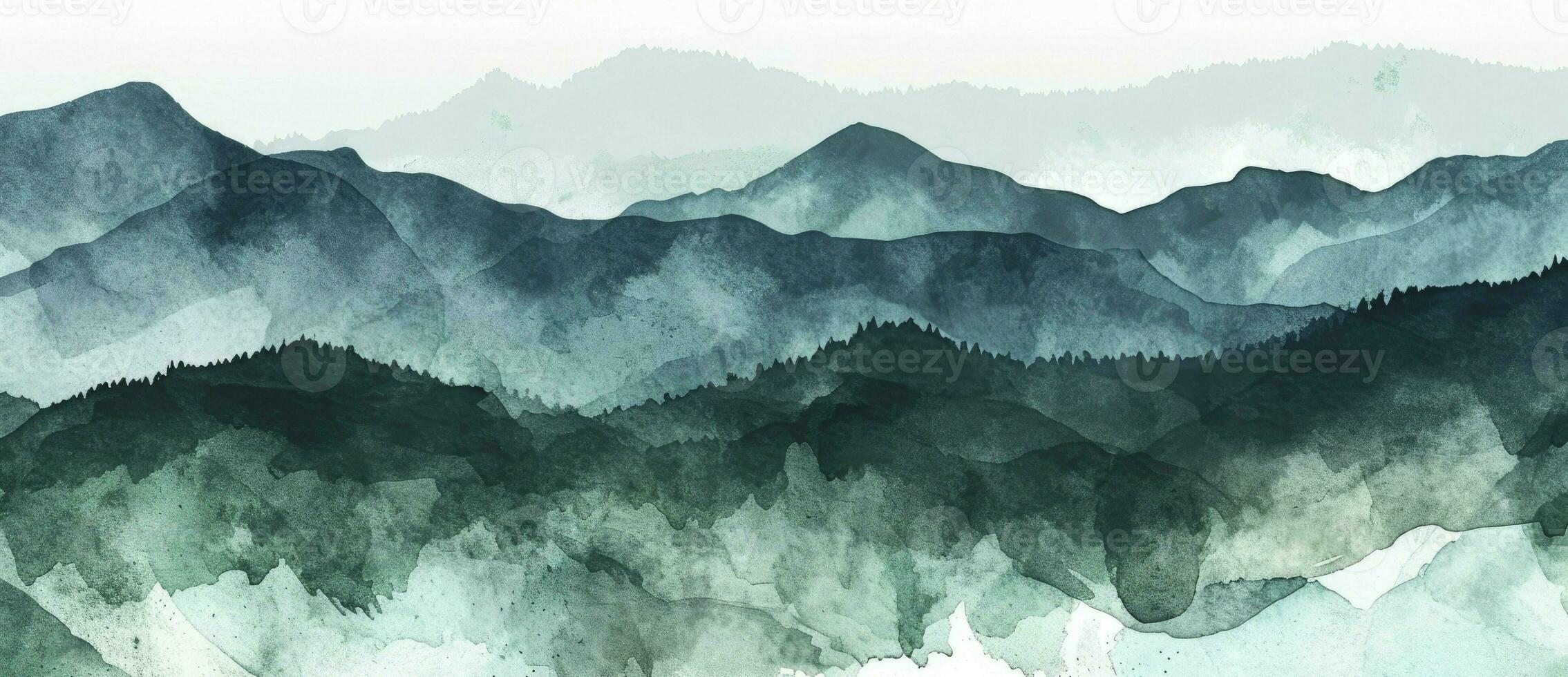 ai generiert minimalistisch Landschaft Kunst Hintergrund mit Berge und Hügel im Blau und Grün Farben. abstrakt Banner im orientalisch Stil mit Aquarell Textur zum Dekor, drucken, Hintergrund foto