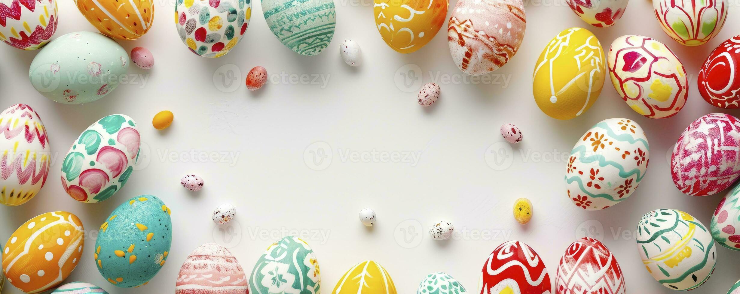 ai generiert Ostern Banner mit bunt Ostern Ei doppelt Seite Rand Über ein Weiß Hintergrund. oben Aussicht mit Kopieren Raum. foto