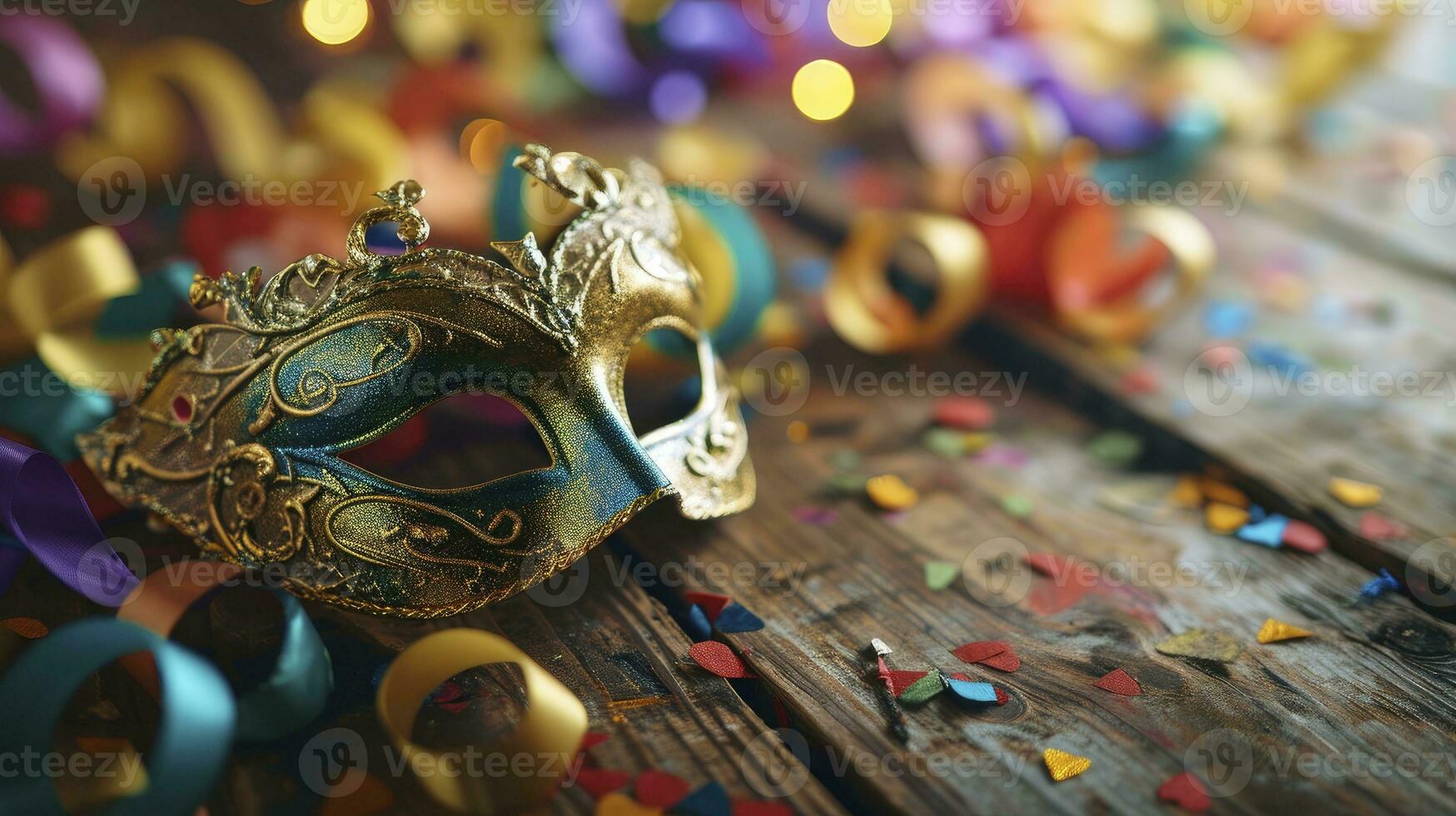 ai generiert Karneval Party. venezianisch Maske mit bunt Streamer und pfeifen foto