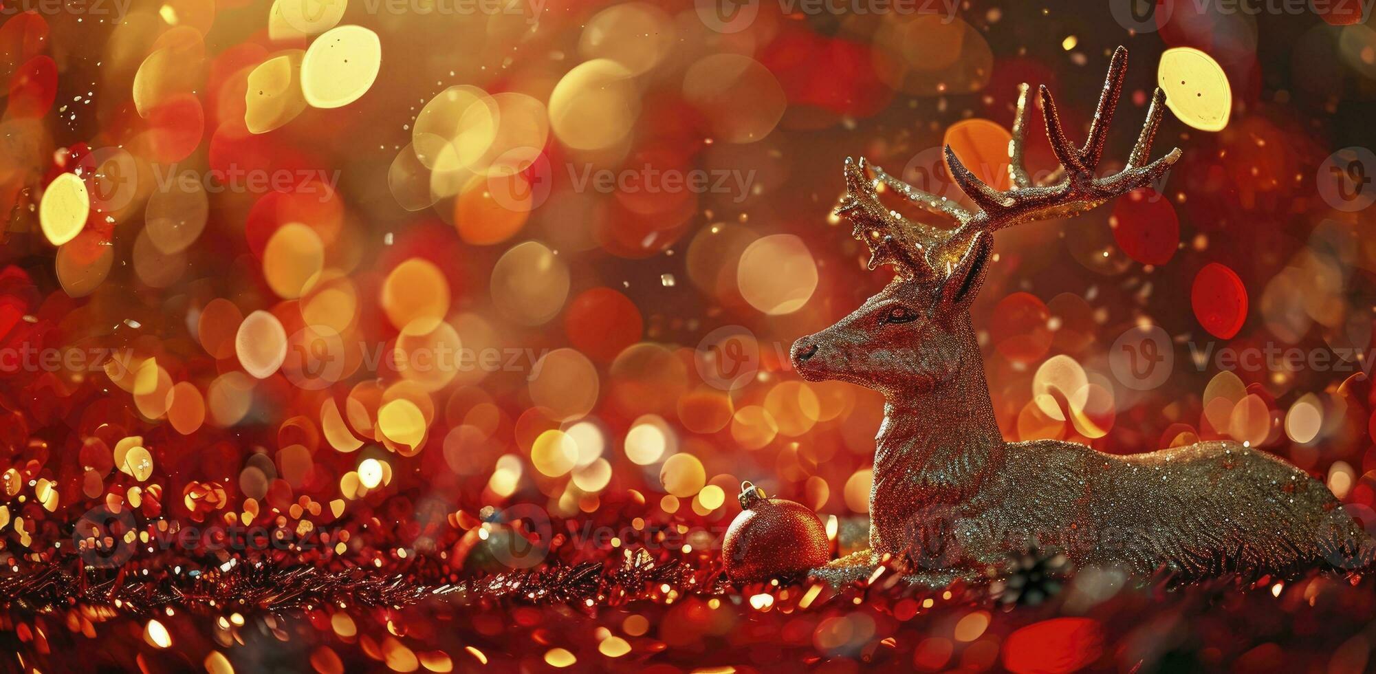 ai generiert ein Gold Hirsch Sitzung auf ein rot Hintergrund, im das Stil von Bokeh Panorama, funkeln, und zauberhaft Beleuchtung. foto