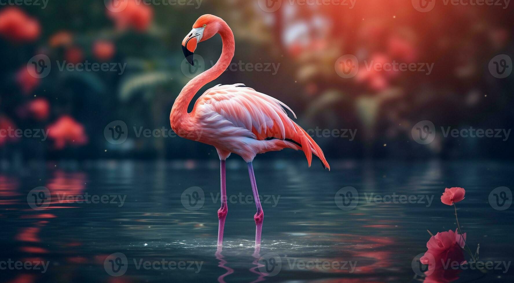 ai generiert Rosa Flamingo auf das See, Rosa Flamingo Schwimmen auf das Wasser, Nahansicht von ein schön Rosa Flamingo foto