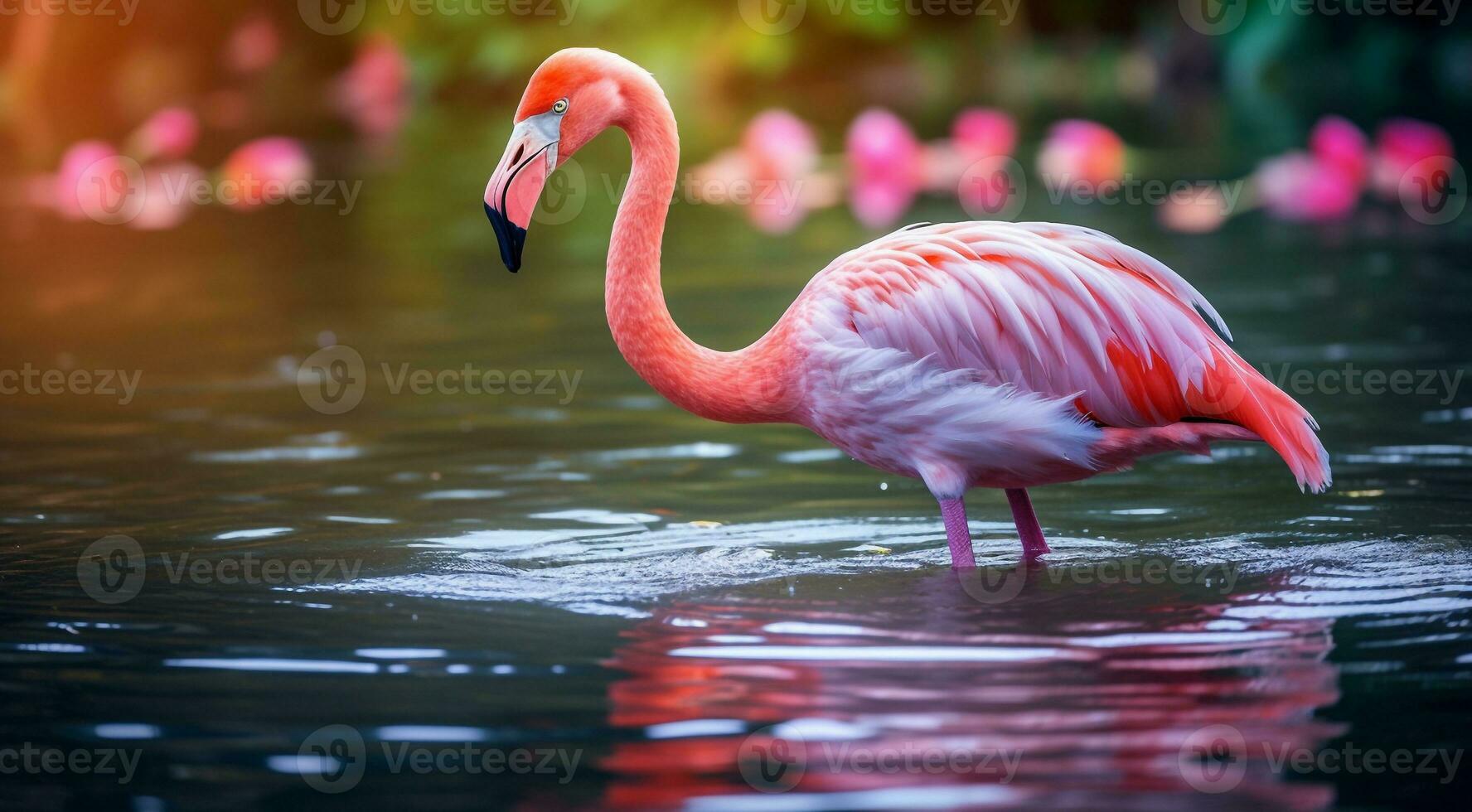 ai generiert Rosa Flamingo auf das See, Rosa Flamingo Schwimmen auf das Wasser, Nahansicht von ein schön Rosa Flamingo foto
