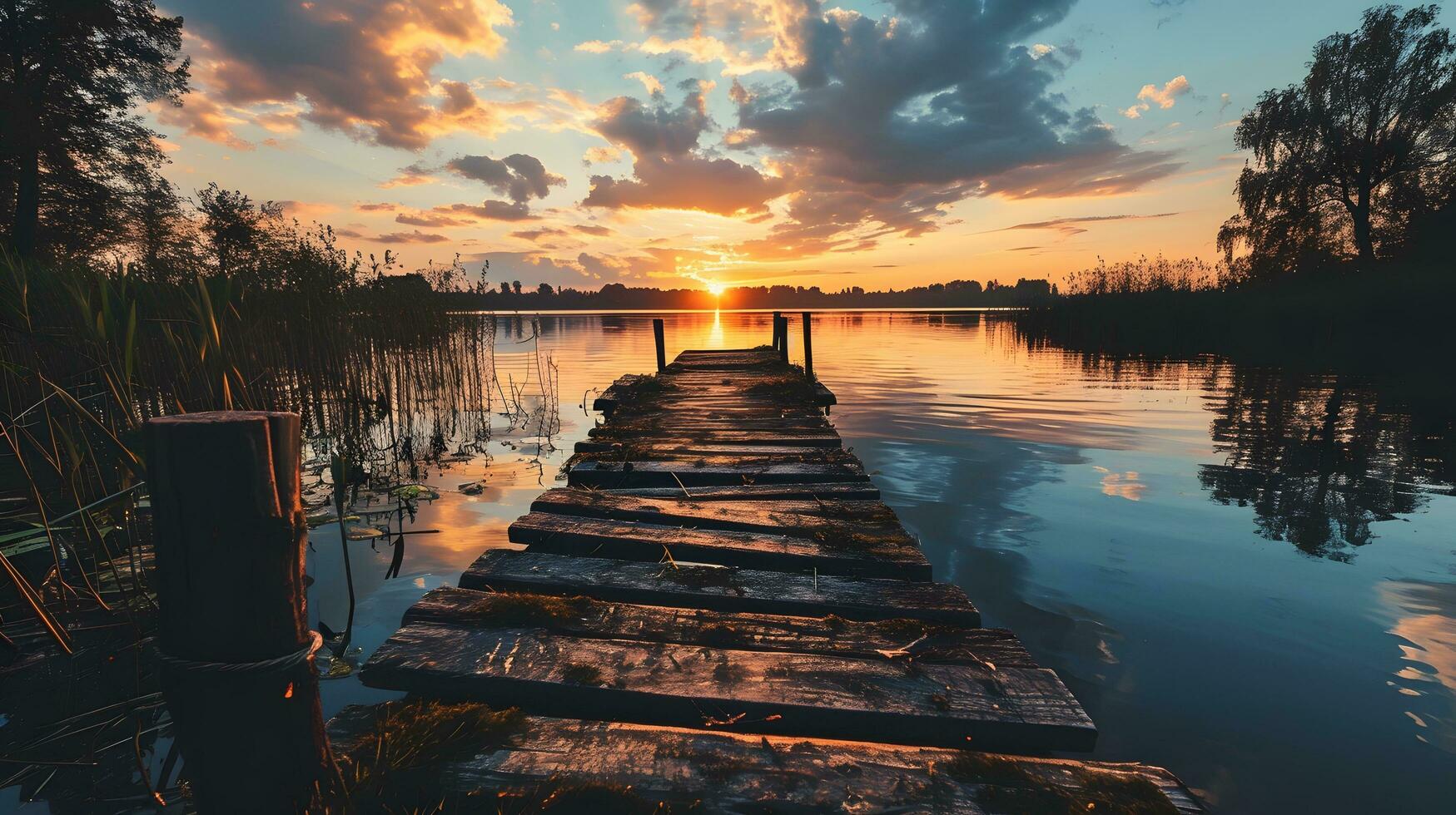 ai generiert Sonnenuntergang Reflexionen auf ein friedlich See von ein hölzern Dock foto