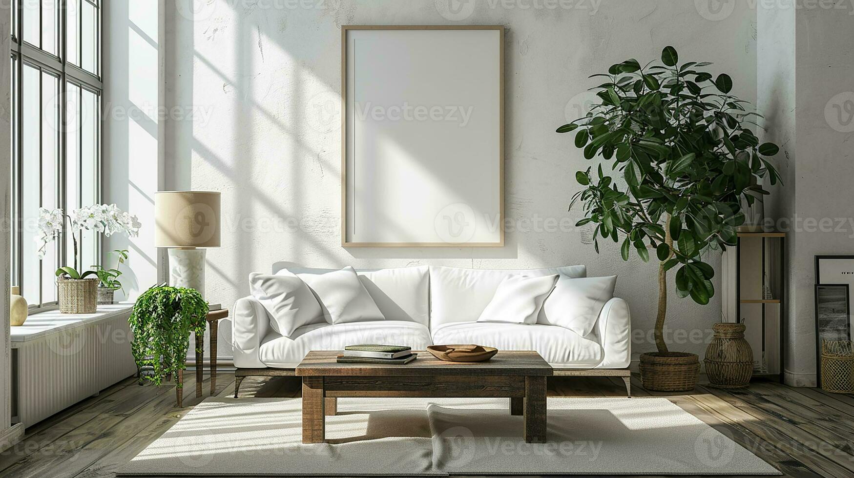 ai generiert Weiß Leben Zimmer Innere Design mit Sofa minimal ästhetisch 3d gerendert foto