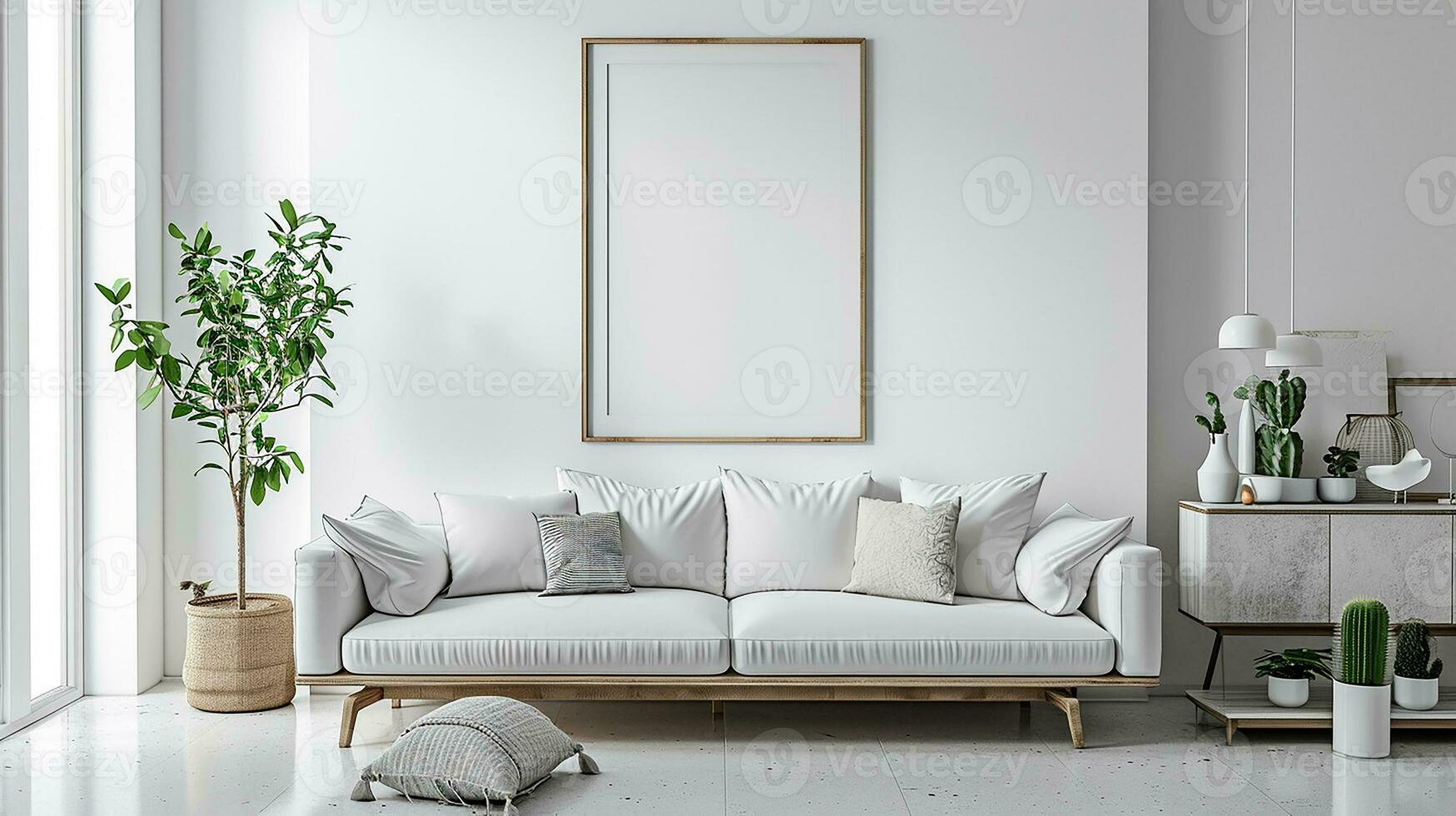 ai generiert Weiß Leben Zimmer Innere Design mit Sofa minimal ästhetisch 3d gerendert foto