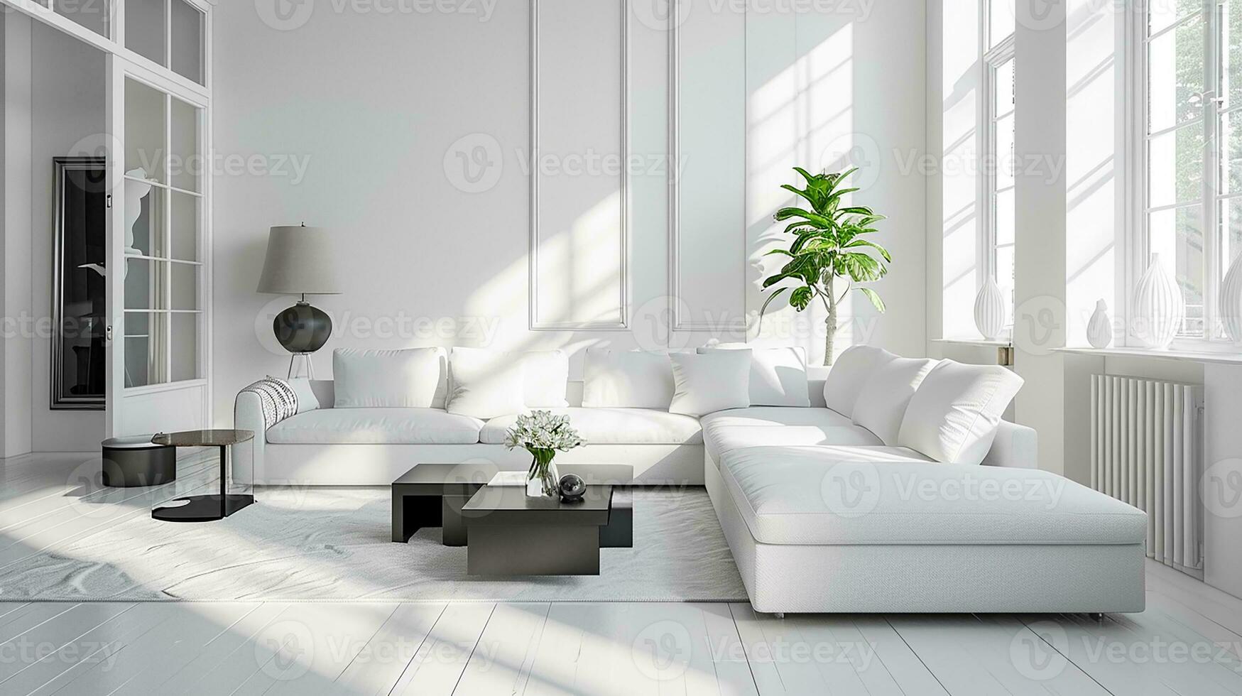 ai generiert Weiß Leben Zimmer Innere Design mit Sofa minimal ästhetisch 3d gerendert foto