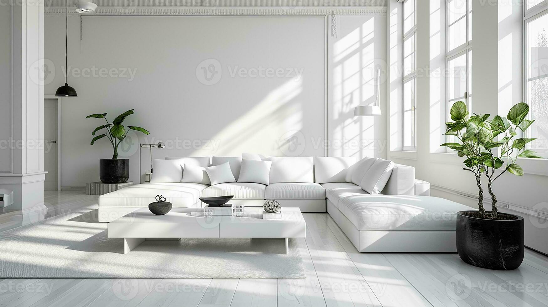 ai generiert Weiß Leben Zimmer Innere Design mit Sofa minimal ästhetisch 3d gerendert foto