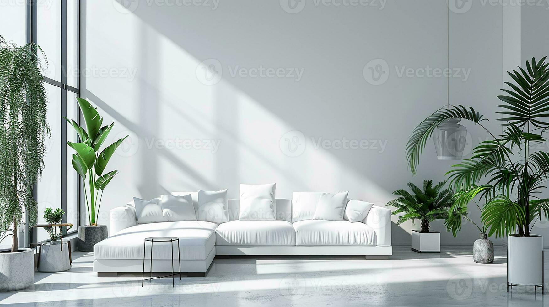 ai generiert Weiß Leben Zimmer Innere Design mit Sofa minimal ästhetisch 3d gerendert foto