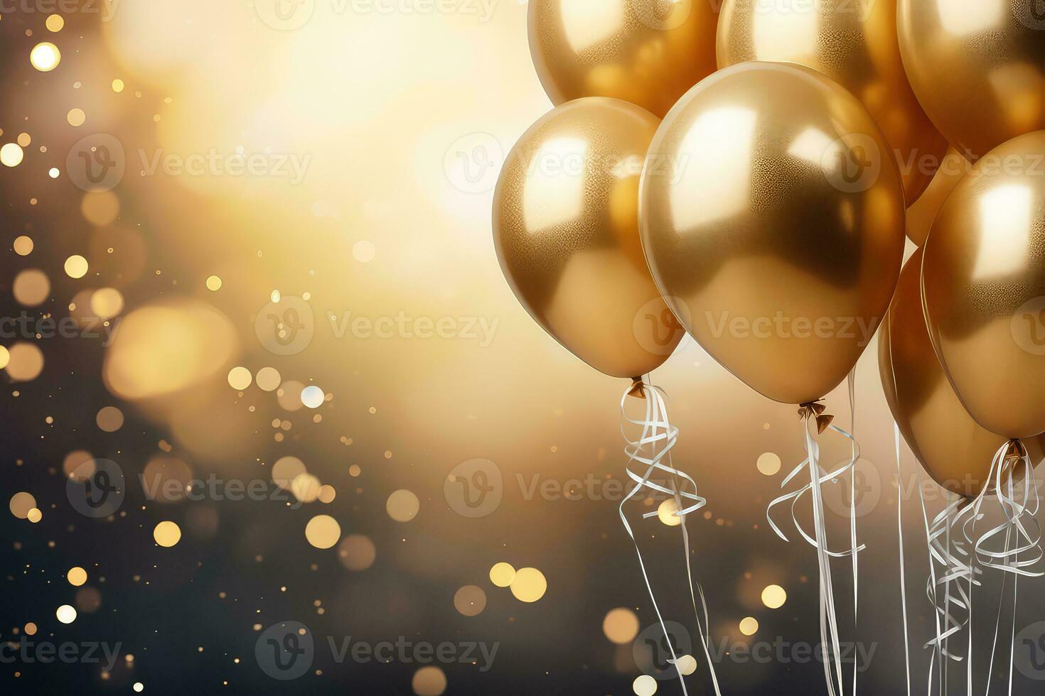 ai generiert golden Luftballons mit Konfetti und Bänder auf Bokeh Hintergrund foto