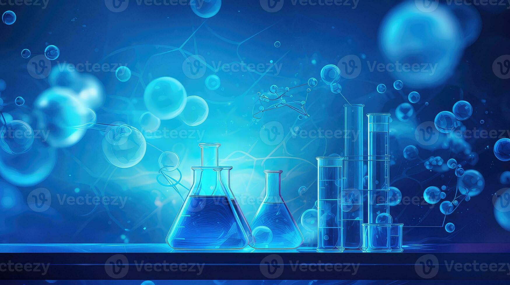 ai generiert Labor Glaswaren mit Blau flüssig, Wissenschaft Forschung Konzept foto