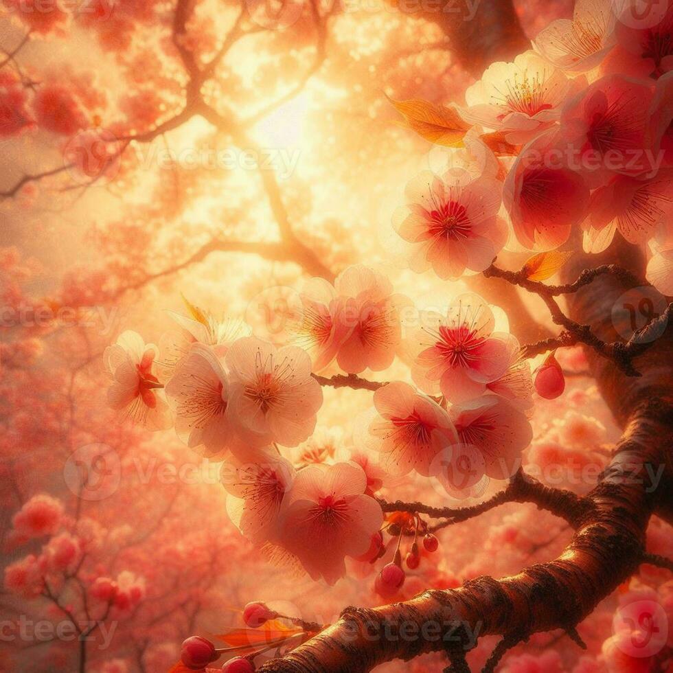 ai generiert hyper realistisch Sakura Kirsche blühen Baum Blätter japanisch Festival Morgen Tau Osaka Tokyo foto