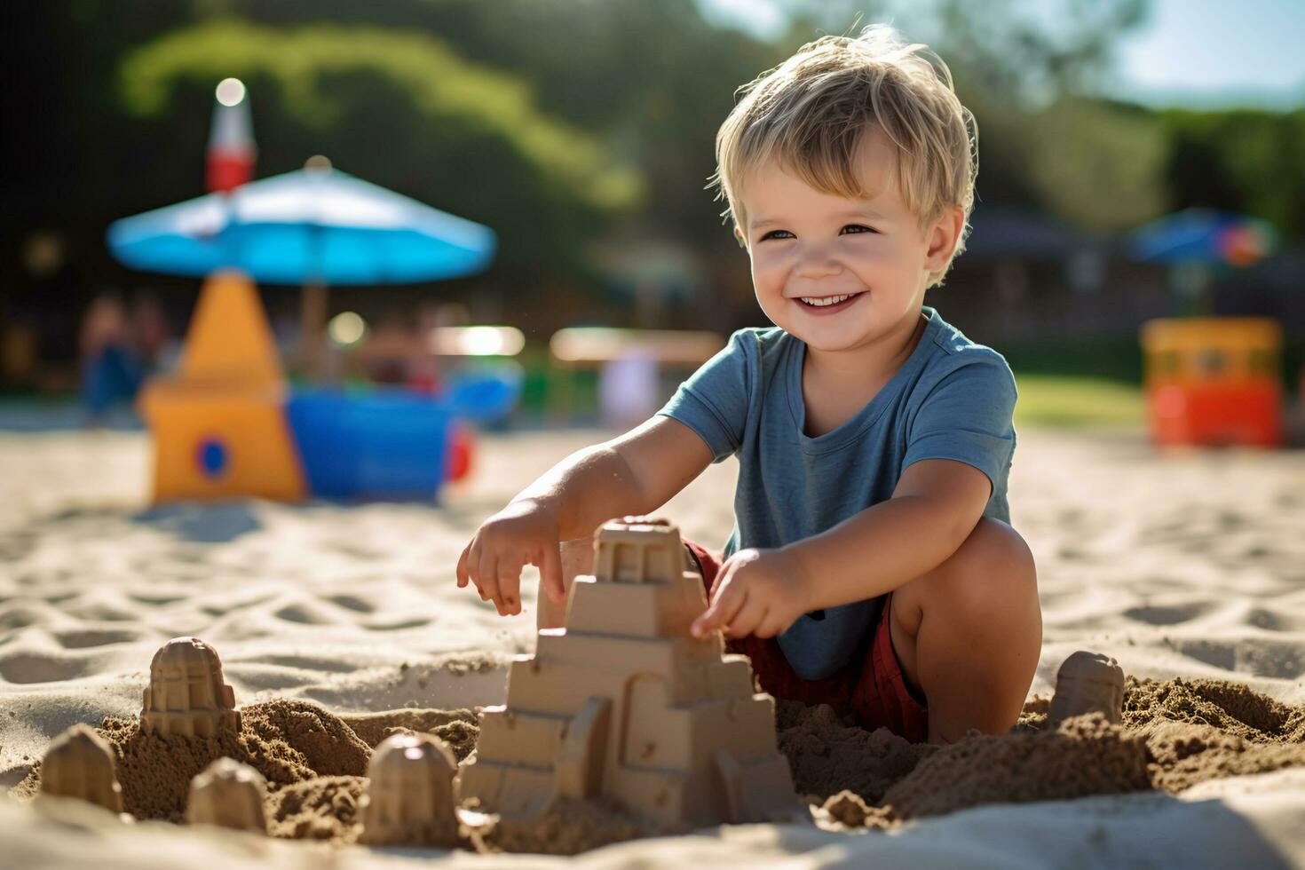 ai generiert sandig Kreationen Kinder glücklich Sandburg Gebäude Abenteuer foto