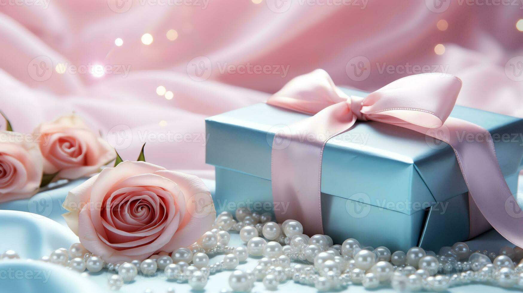 ai generiert Rosa Rose und ein Blau Geschenk Box mit Weiß Bogen. glücklich Valentinstag Tag Gruß Karte Konzept. ai generiert Bild foto