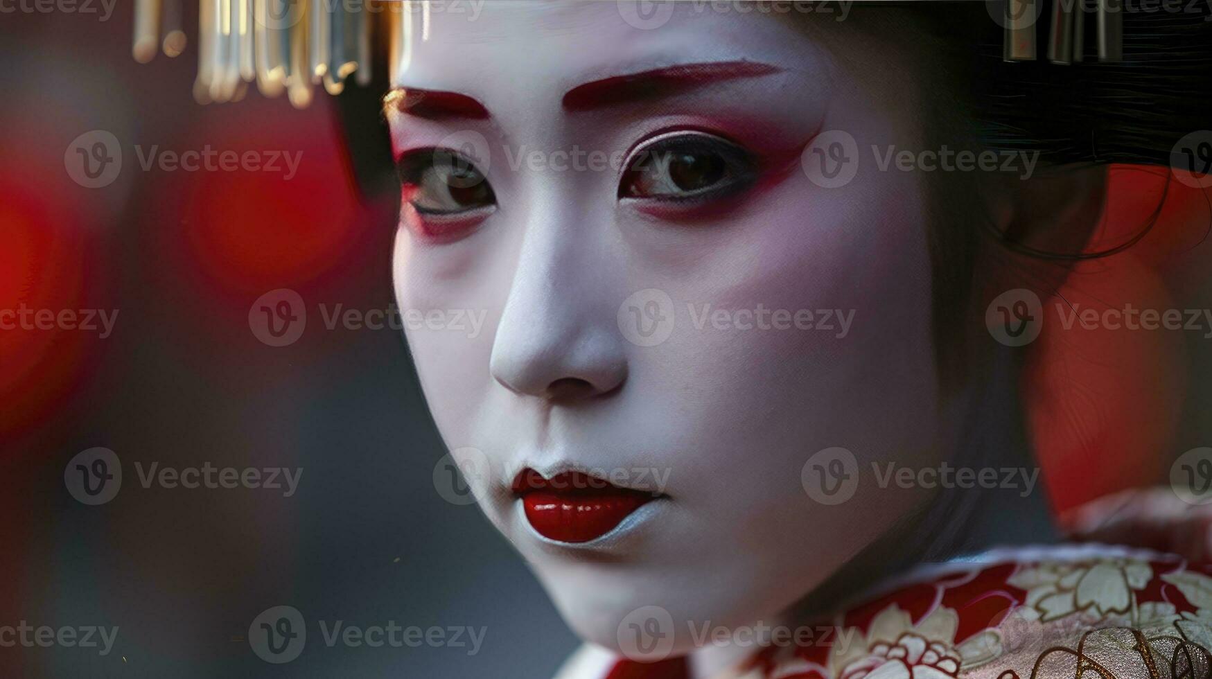 ai generiert ein Nahansicht von ein Geishas Gesicht im Japan, fesselnd Schönheit, Tradition, Eleganz und Mystik, verwischt Backgound mit Raum zu Text. foto